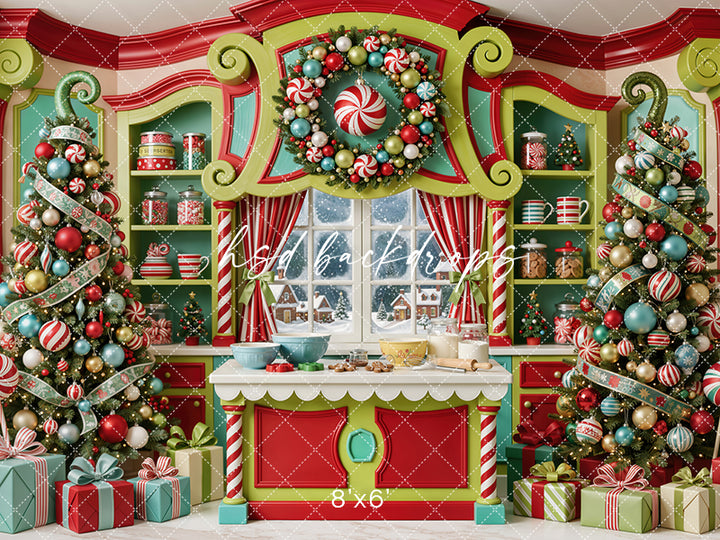 Merryville Candy Kitchen Photography Backdrop – Whimsical Christmas Bake Shop | HSD Backdrops