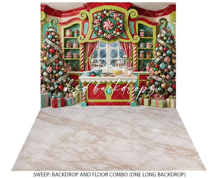 Merryville Candy Kitchen Photography Backdrop – Whimsical Christmas Bake Shop | HSD Backdrops