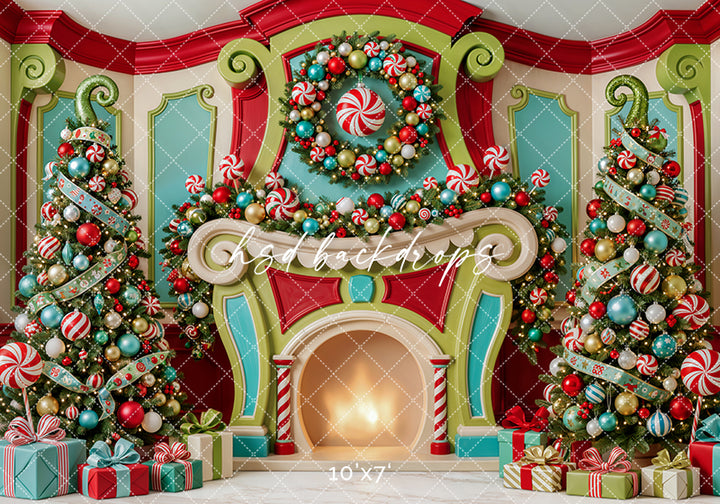 Merryville Candy Fireplace Photography Backdrop – Whimsical Christmas Room | HSD Backdrops