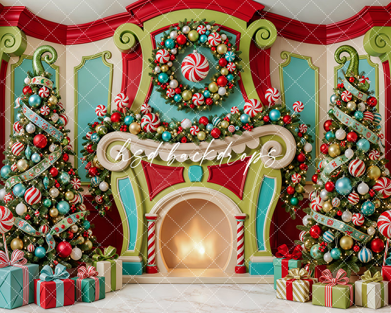 Merryville Candy Fireplace Photography Backdrop – Whimsical Christmas Room | HSD Backdrops
