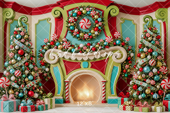 Merryville Candy Fireplace Photography Backdrop – Whimsical Christmas Room | HSD Backdrops