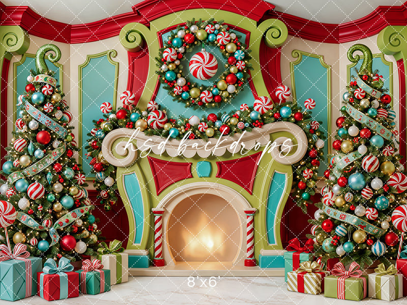 Merryville Candy Fireplace Photography Backdrop – Whimsical Christmas Room | HSD Backdrops