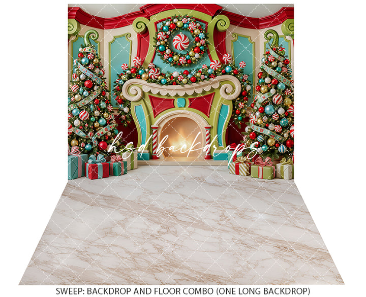 Merryville Candy Fireplace Photography Backdrop – Whimsical Christmas Room | HSD Backdrops