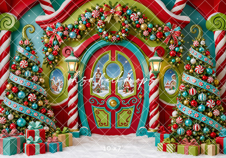 Merryville Christmas Door Photography Backdrop – Colorful Holiday Scene | HSD Backdrops