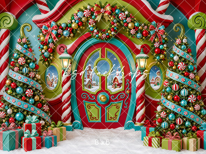 Merryville Christmas Door Photography Backdrop – Colorful Holiday Scene | HSD Backdrops