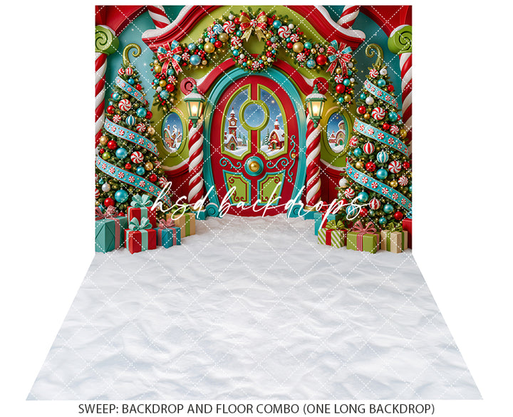 Merryville Christmas Door Photography Backdrop – Colorful Holiday Scene | HSD Backdrops