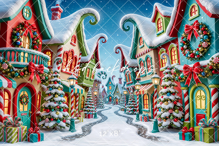 Merryville Christmas Village Photography Backdrop – Colorful Holiday Street Scene | HSD Backdrops