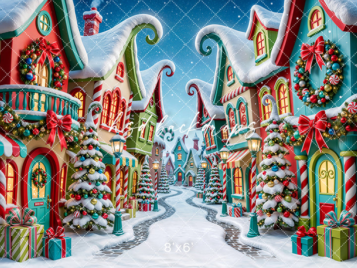 Merryville Christmas Village Photography Backdrop – Colorful Holiday Street Scene | HSD Backdrops