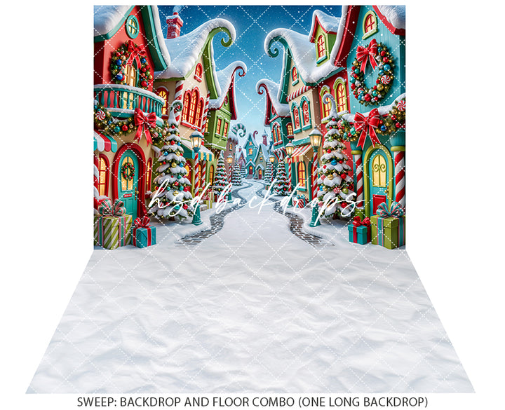 Merryville Christmas Village Photography Backdrop – Colorful Holiday Street Scene | HSD Backdrops