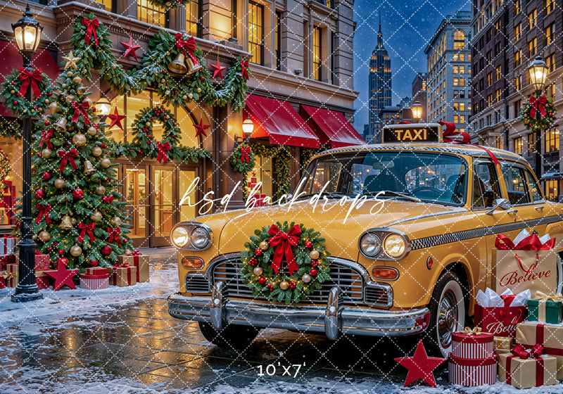 Christmas Taxi Storefront Photography Backdrop – Festive City Holiday Scene | HSD Backdrops