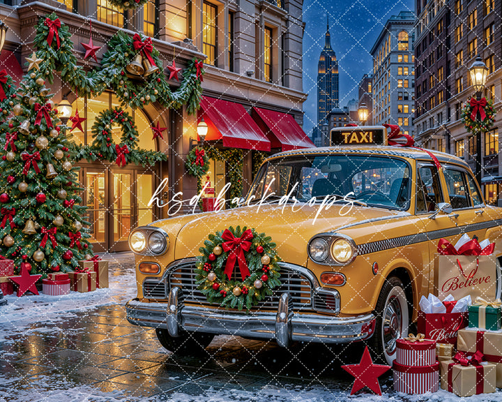 Christmas Taxi Storefront Photography Backdrop – Festive City Holiday Scene | HSD Backdrops