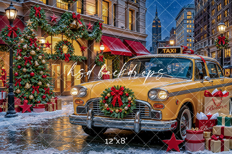 Christmas Taxi Storefront Photography Backdrop – Festive City Holiday Scene | HSD Backdrops