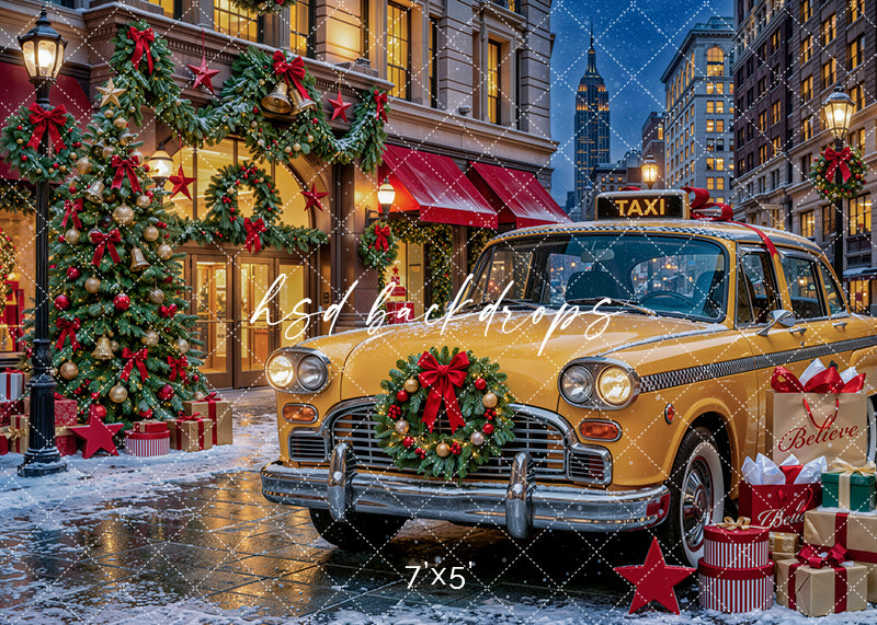 Christmas Taxi Storefront photography backdrop with yellow taxi, snowy city street, decorated storefront, glowing windows, evergreen garland, wreaths, red bows, wrapped gifts, Christmas tree, and festive city holiday styling.