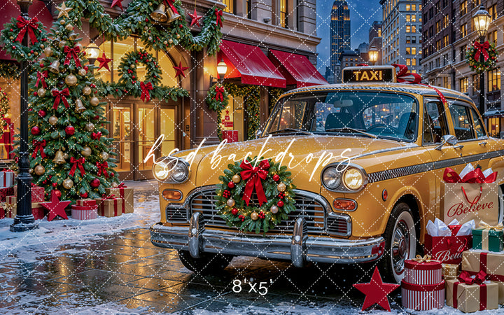 Christmas Taxi Storefront Photography Backdrop – Festive City Holiday Scene | HSD Backdrops