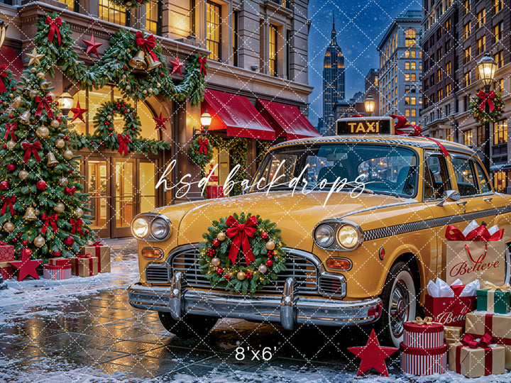 Christmas Taxi Storefront Photography Backdrop – Festive City Holiday Scene | HSD Backdrops