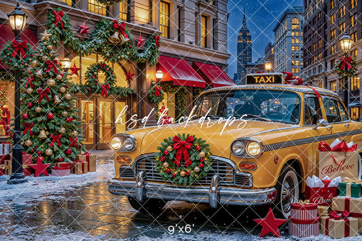Christmas Taxi Storefront Photography Backdrop – Festive City Holiday Scene | HSD Backdrops