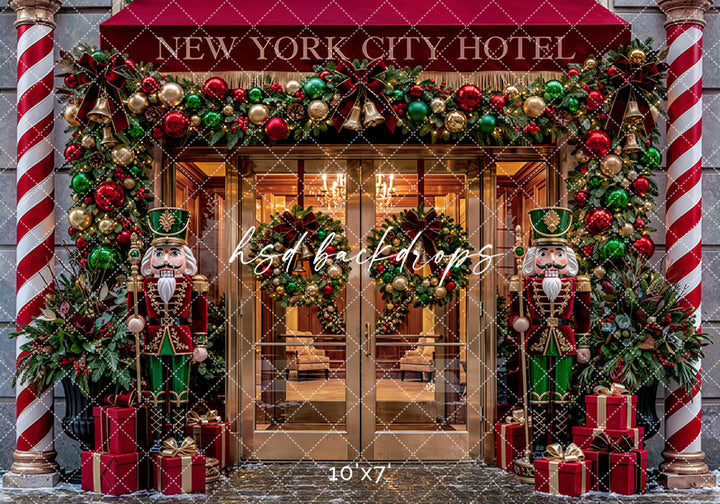 New York City Hotel Christmas Photography Backdrop – Festive Holiday Entrance | HSD Backdrops