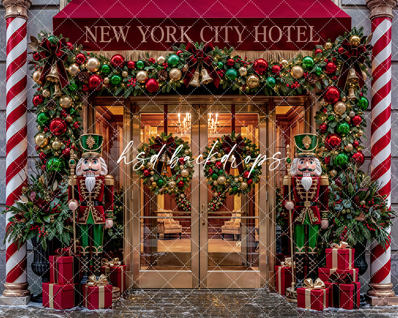 New York City Hotel Christmas Photography Backdrop – Festive Holiday Entrance | HSD Backdrops