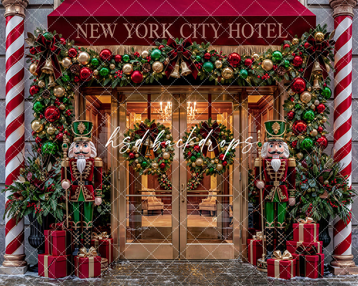 New York City Hotel Christmas Photography Backdrop – Festive Holiday Entrance | HSD Backdrops