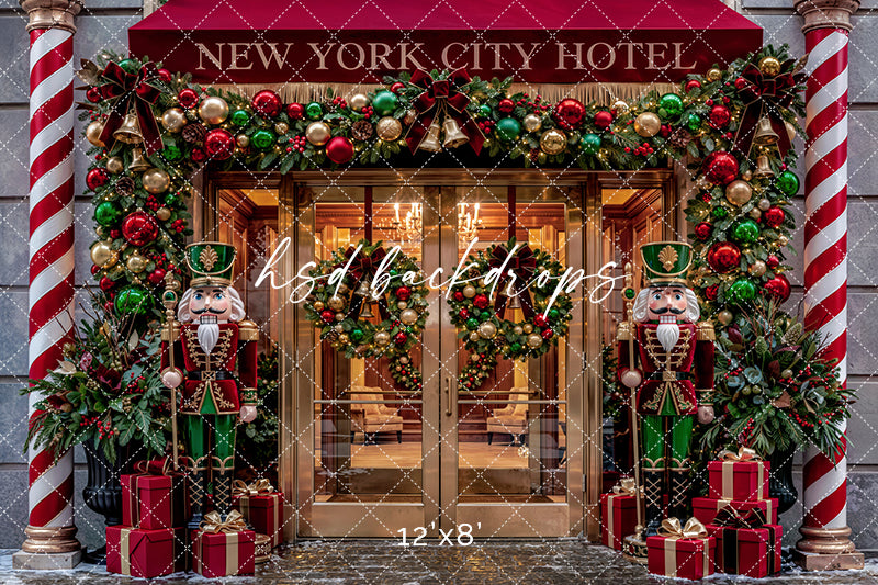 New York City Hotel Christmas Photography Backdrop – Festive Holiday Entrance | HSD Backdrops
