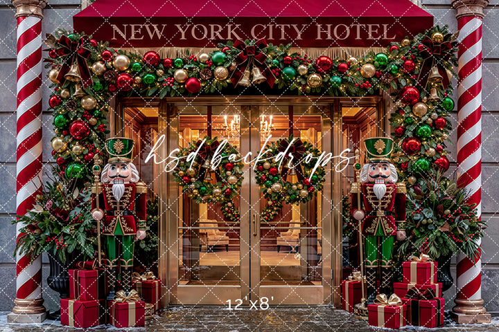 New York City Hotel Christmas Photography Backdrop – Festive Holiday Entrance | HSD Backdrops