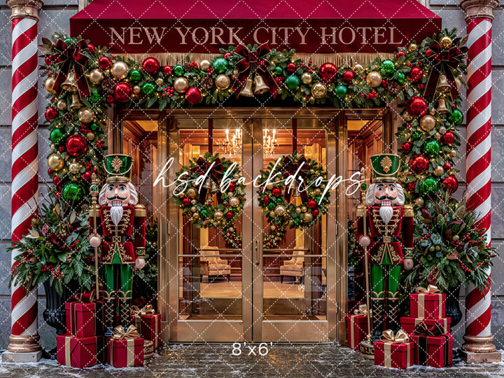 New York City Hotel Christmas Photography Backdrop – Festive Holiday Entrance | HSD Backdrops