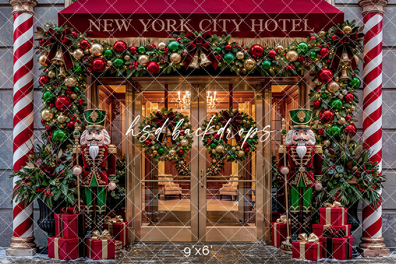 New York City Hotel Christmas Photography Backdrop – Festive Holiday Entrance | HSD Backdrops