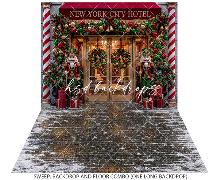 New York City Hotel Christmas Photography Backdrop – Festive Holiday Entrance | HSD Backdrops