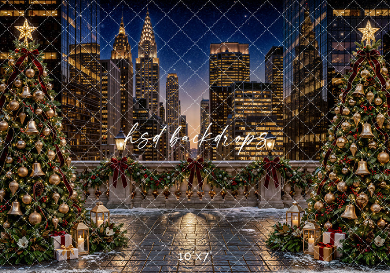 New York Christmas Terrace Photography Backdrop – Elegant Holiday City Scene | HSD Backdrops
