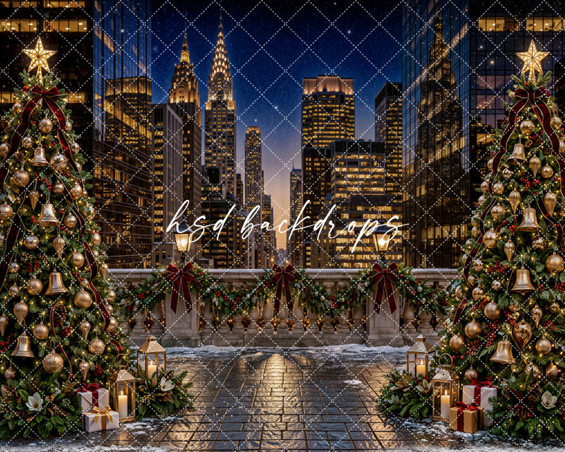 New York Christmas Terrace Photography Backdrop – Elegant Holiday City Scene | HSD Backdrops