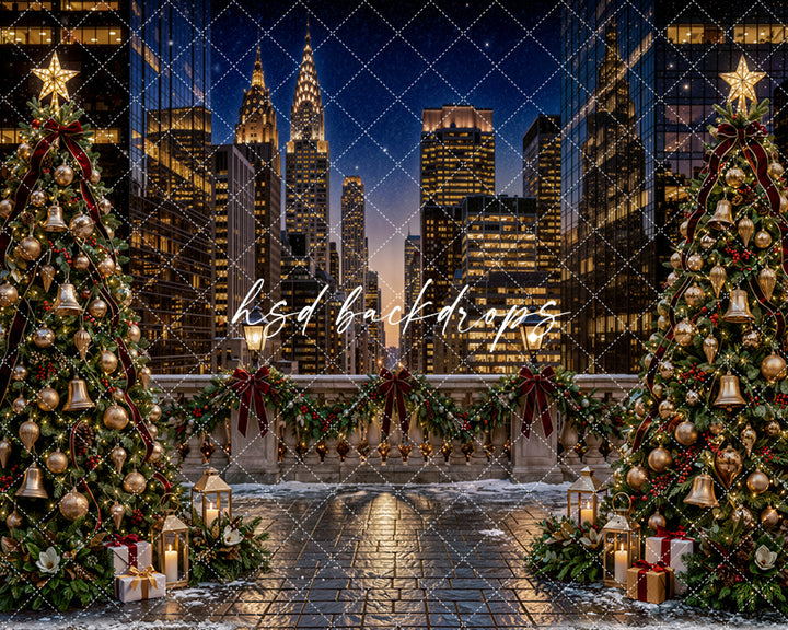 New York Christmas Terrace Photography Backdrop – Elegant Holiday City Scene | HSD Backdrops