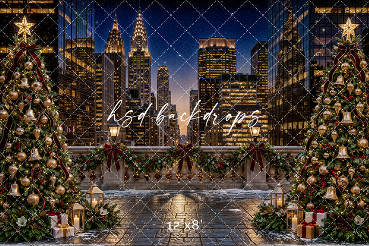New York Christmas Terrace Photography Backdrop – Elegant Holiday City Scene | HSD Backdrops