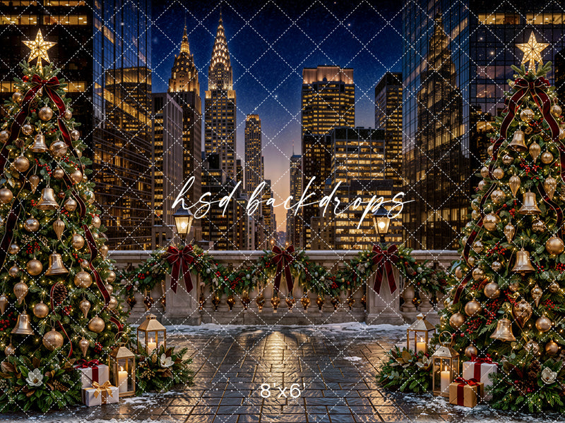 New York Christmas Terrace Photography Backdrop – Elegant Holiday City Scene | HSD Backdrops