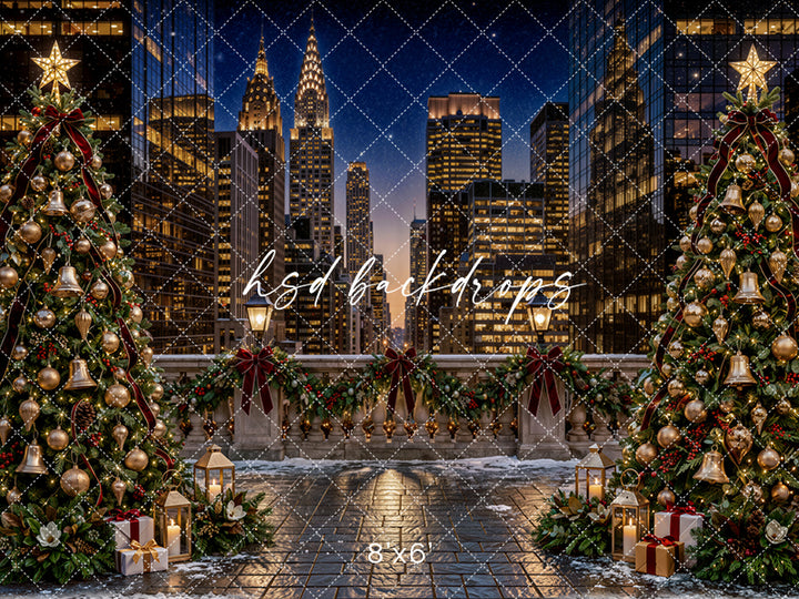 New York Christmas Terrace Photography Backdrop – Elegant Holiday City Scene | HSD Backdrops