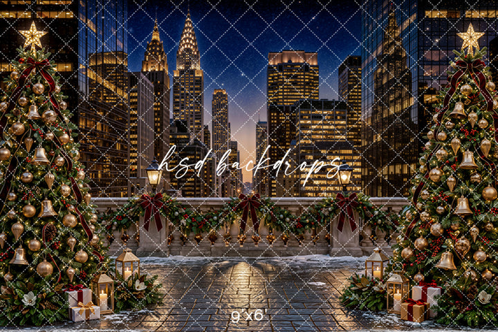 New York Christmas Terrace Photography Backdrop – Elegant Holiday City Scene | HSD Backdrops