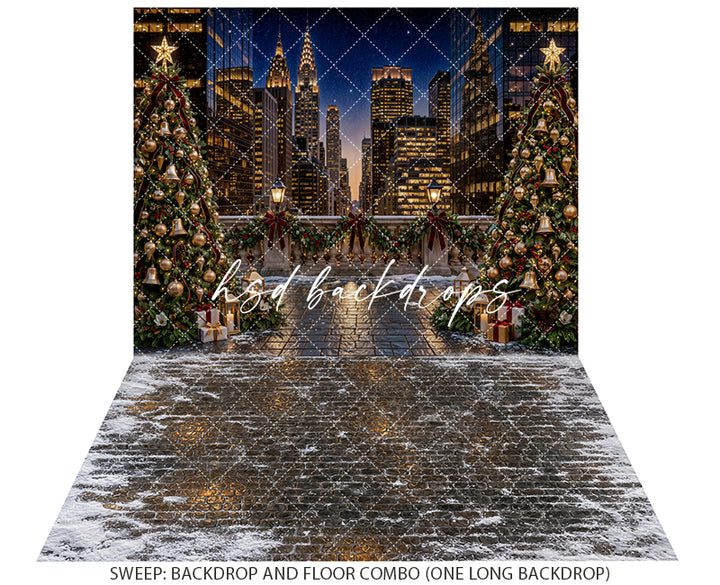 New York Christmas Terrace Photography Backdrop – Elegant Holiday City Scene | HSD Backdrops