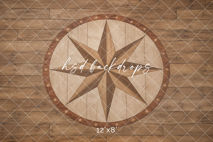 Compass Star Wood Floor Photography Backdrop – Rustic Studio Floor Design | HSD Backdrops