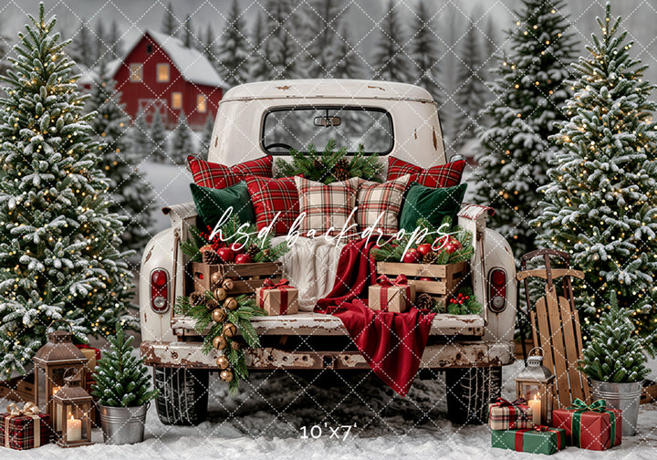 Vintage Christmas Truck Bed Photography Backdrop – Snowy Tree Farm Scene | HSD Backdrops