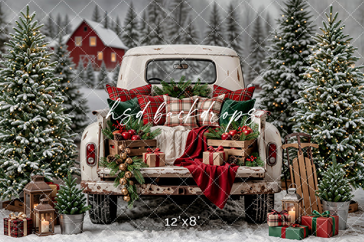 Vintage Christmas Truck Bed Photography Backdrop – Snowy Tree Farm Scene | HSD Backdrops