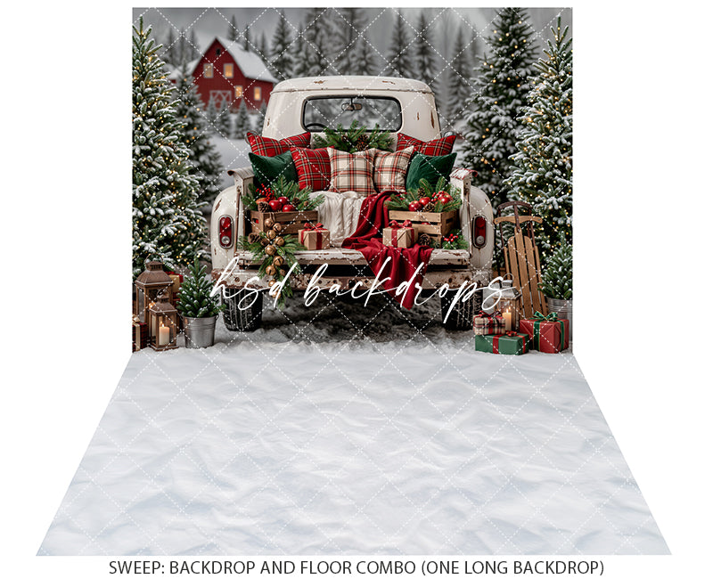 Vintage Christmas Truck Bed Photography Backdrop – Snowy Tree Farm Scene | HSD Backdrops