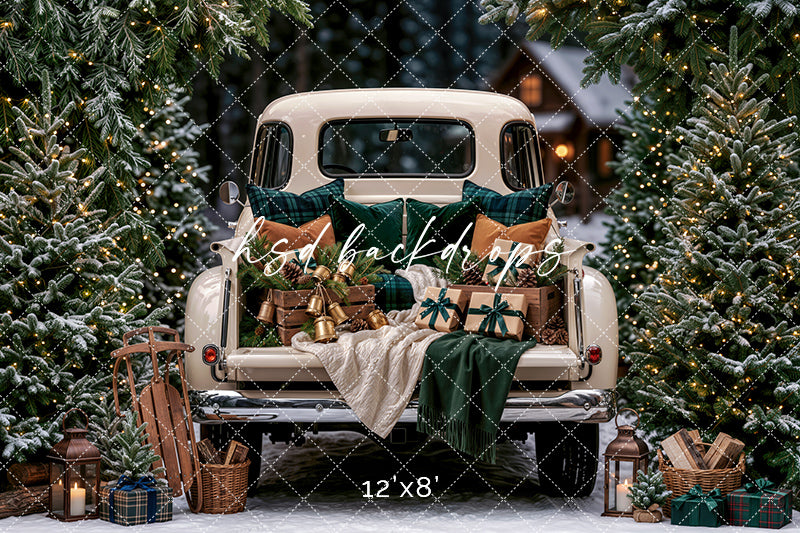 Evergreen Christmas Truck Bed Photography Backdrop – Cozy Winter Tree Farm Scene | HSD Backdrops