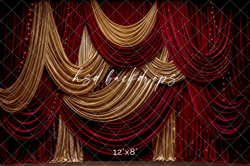 Gilded Holiday Curtain Photography Backdrop – Red Velvet Christmas Studio | HSD Backdrops