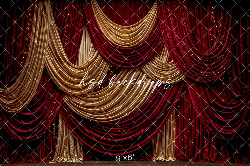 Gilded Holiday Curtain Photography Backdrop – Red Velvet Christmas Studio | HSD Backdrops