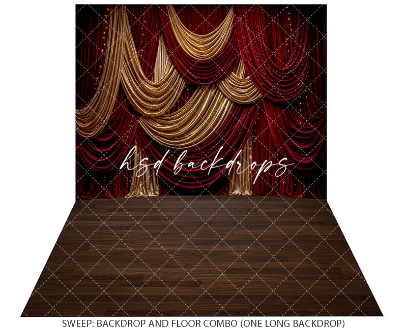 Gilded Holiday Curtain Photography Backdrop – Red Velvet Christmas Studio | HSD Backdrops