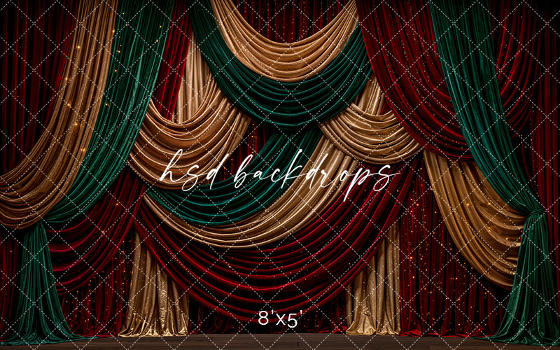 Christmas Jewel Tone Curtain Photography Backdrop – Red Green Gold Holiday Studio | HSD Backdrops