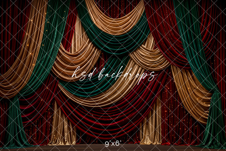 Christmas Jewel Tone Curtain Photography Backdrop – Red Green Gold Holiday Studio | HSD Backdrops