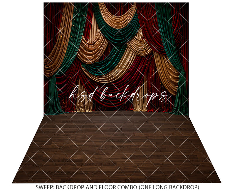 Christmas Jewel Tone Curtain Photography Backdrop – Red Green Gold Holiday Studio | HSD Backdrops