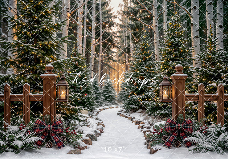 Lantern Lit Christmas Forest Path Photography Backdrop – Snowy Holiday Scene | HSD Backdrops