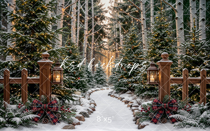 Lantern Lit Christmas Forest Path Photography Backdrop – Snowy Holiday Scene | HSD Backdrops