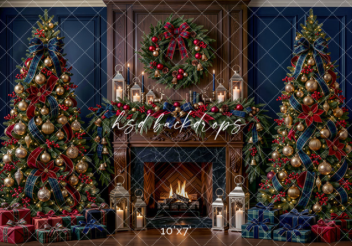 Navy Tartan Christmas Fireplace Photography Backdrop – Elegant Holiday Hearth | HSD Backdrops